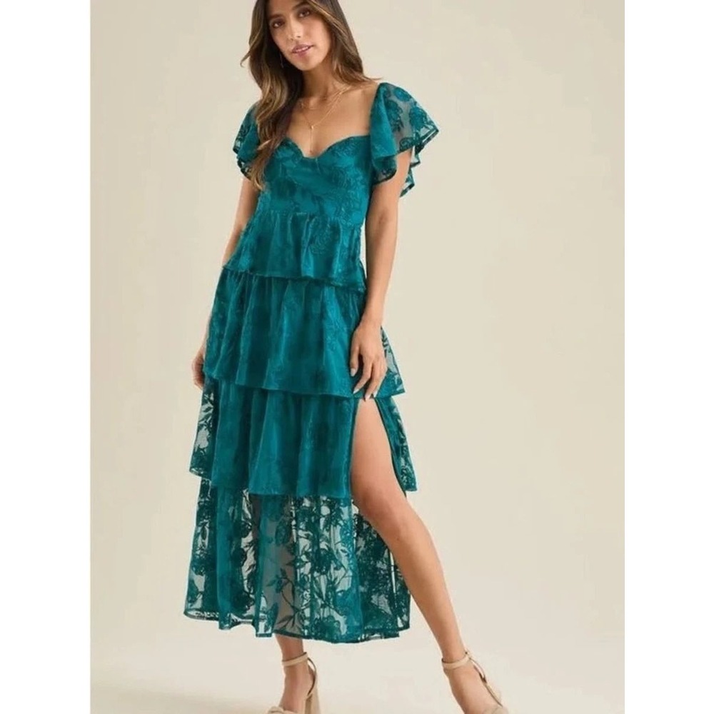 Altar'd State Teal Floral Embroidered Tiered Flutter Sleeve Midi Dress XL